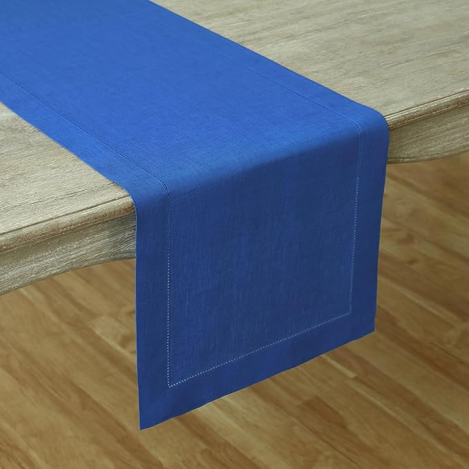 Solino Home Linen Royal Blue Table Runner 144 Inches Long - 100% Pure Linen Extra Long Table Runner 14 x 144 Inch for Spring - Classic Hemstitch