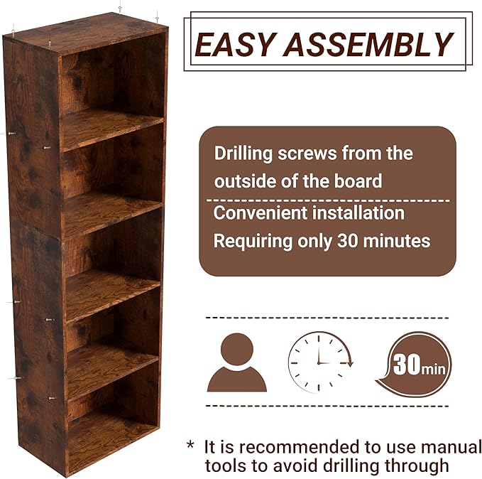 Wooden 5 Cube Storage Organizer, Vintage Brown 5 Tier Bookcase Bookshelf Freestanding Storage Display Organizer,Versatile Cubes Shelf and Cubby Unit for Living Room, Home Office, Dinning Room 15.7inch