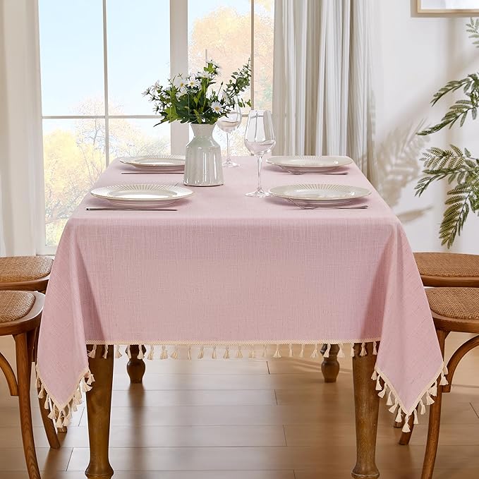 JIALE Valentines Textured Tablecloth, Heavy Duty Linen Style Farmhouse Table Cloth Rectangle Tables, Wrinkle-Free Washable Waterproof Table Cover for Kitchen, Dining, Parties, 55"x55", Pink