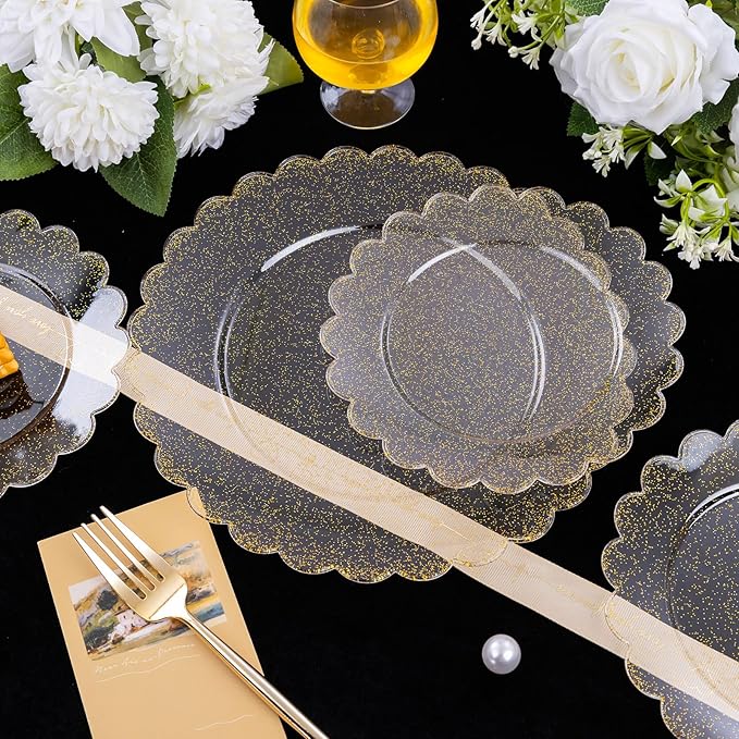 LIYH 60 Pcs Gold Glitter Plastic Scalloped Plates - Disposable Heavyduty Combo Plastic Plates Dishes Included 30 Dinner Plate 30 Dessert Plate for Weddings Party Birthday