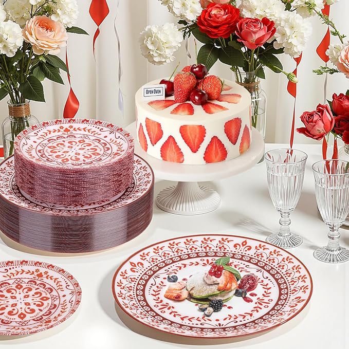 Hioasis 60pcs Red Plastic Plates Set - Floral Red & White Porcelain Design, 10.25" Dinner & 7.5" Dessert Plates Disposable for Christmas (Dishwasher Safe, Traditional Style)