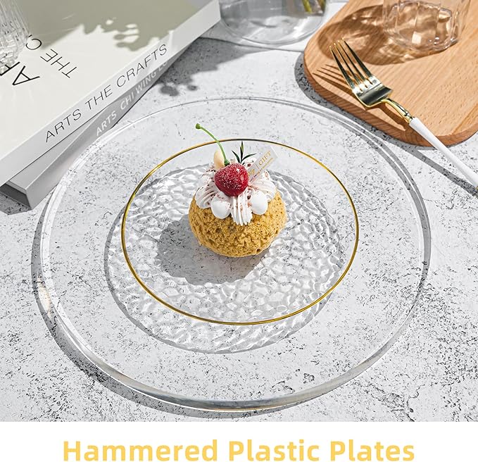 100PCS Clear and Gold Plastic Plates, 7 Inch Disposable Dessert Plates with Gold Rim, Heavy Duty Stone Texture Plastic Plates for Party and Weddings