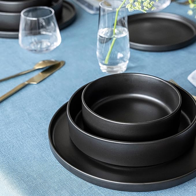 over&back Stackable Cereal Bowl Set - Stoneware Dishes - Comes with 4 Cereal Bowls - Easy-to-Stack Breakfast Place Settings - 6.2" x 6.2" x 2.2" - 25oz - Semi-Matte Black