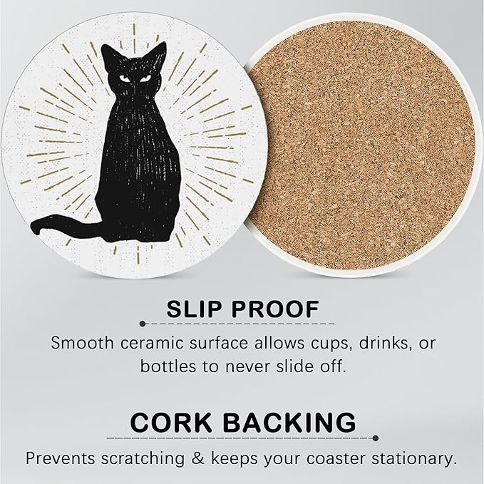 Coasters for Drinks Absorbent with Holder,Black Cat Sets of 6 Durable Cup Coaster for Coffee Table Protection,Great Housewarming Birthday Gifts,Home Decor