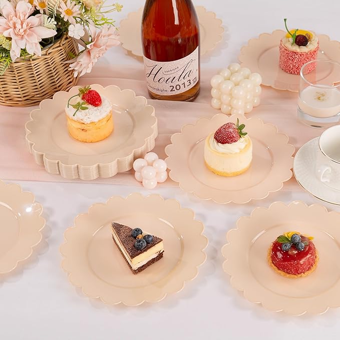 SUT 72-Count Pink Plastic Plates Disposable 7.5 Inch - Scalloped Edge Dessert Plates for Valentine’s Day, Parties, Birthdays, Weddings | Lightweight & Durable Disposable Dinnerware (72 Pack)