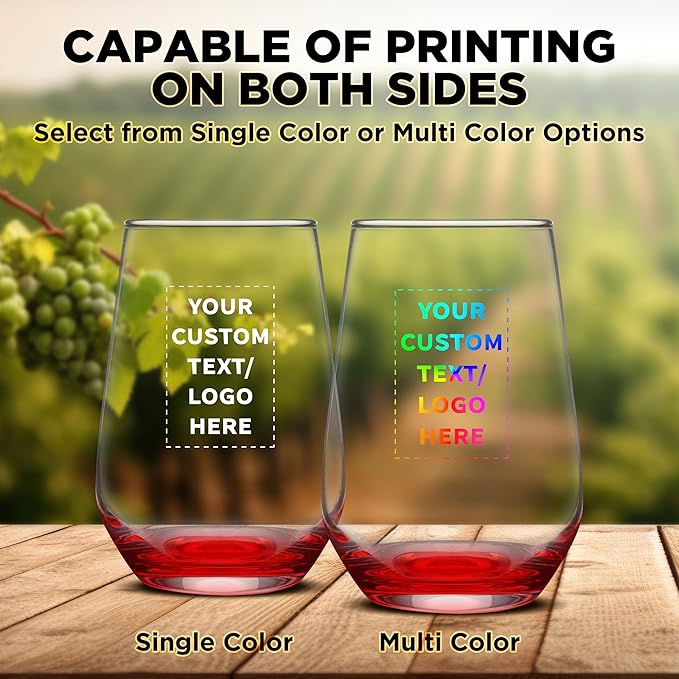 DISCOUNT PROMOS 10 Vaso Silicia Stemless Wine Glasses Set, 16 oz. - Personalized Text, Logo - Clear, Orb-Like, Thick base - Red