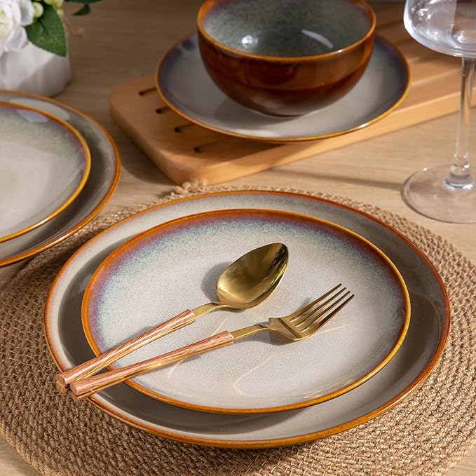 LERATIO Ceramic Dinner Plates Set of 6, 10.5 Inch Handmade Reactive Glaze Porcelain Plates, Coupe Shape Dinnerware Dishes Set for Kitchen,Oven& Microwave & Dishwasher Safe, Scratch Resistant-Kakhi