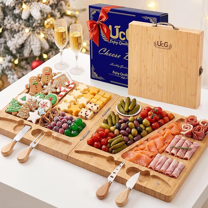 Charcuterie Board Gifts for Women: Bamboo Folding Cheese Board with Knife Set - Unique White Elephant Gift, Valentine Christmas Birthday Party House Warming Gift for Mom Wife Girlfriend