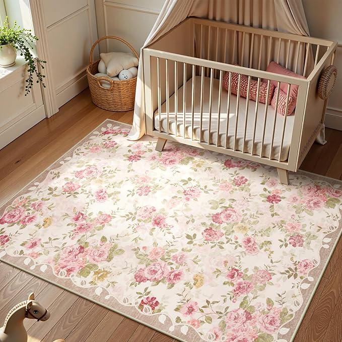 Lahome Floral Washable Rugs 5x7,Rugs for Living Room Boho Area Rug,Vintage Rugs for Bedroom Girls Non Slip Low Pile Ultra-Thin Large Carpet for Farmhouse,Dining Room,Kids Playroom Dorm (5'X7',Beige)