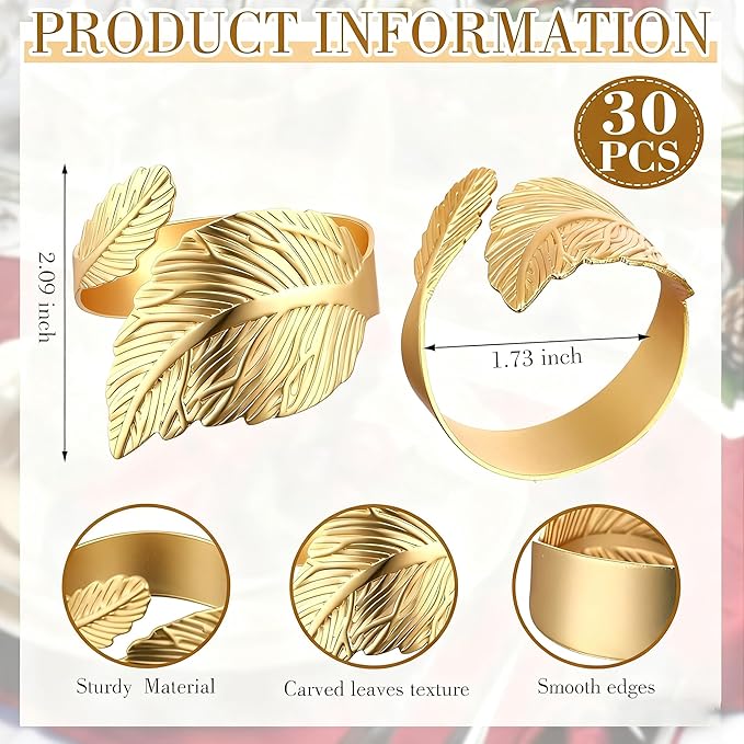 Gold Napkin Rings Set of 30, Gold Leaf Shape Napkin Rings for Table Setting Weddings, Anniversary, Birthday, Christmas, Fall, Halloween, Thanksgiving, Party of Table Setting