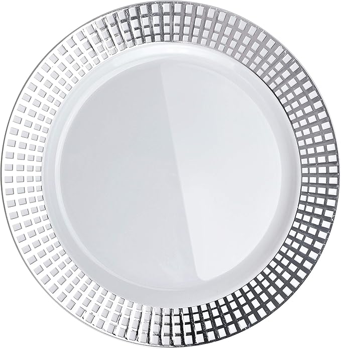OCCASIONS 240 Plates Pack,(120 Guests) Premium Wedding Party Disposable Plastic Plates Set -120 x 10.25'' Dinner + 120 x 7.5'' Salad/Dessert (Princess White/Silver)