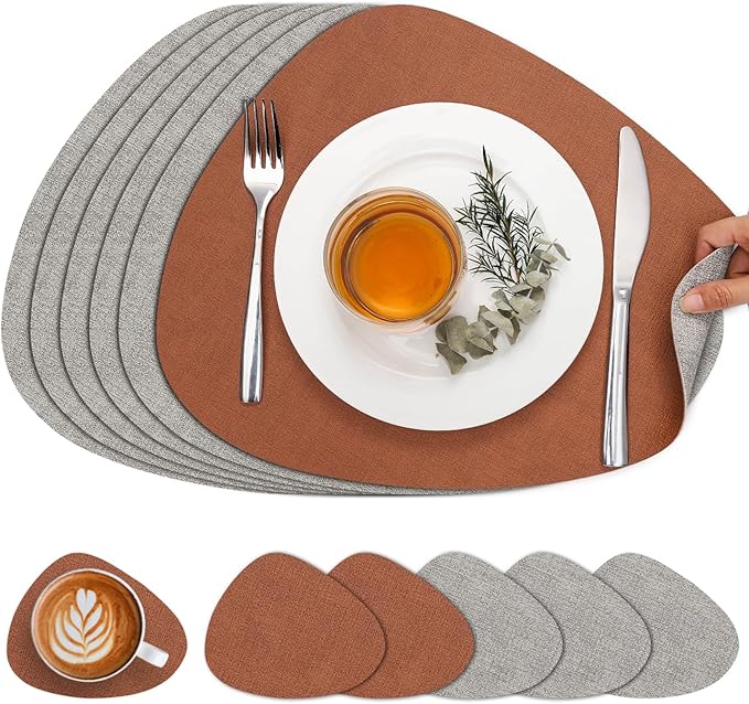 Placemats and Coasters, Washable Placemats Round Faux Leather Wipeable Place Mats Non Slip Heat Resistant Indoor Outdoor Table Mats (Set of 6, Light Gray Reddish Brown)