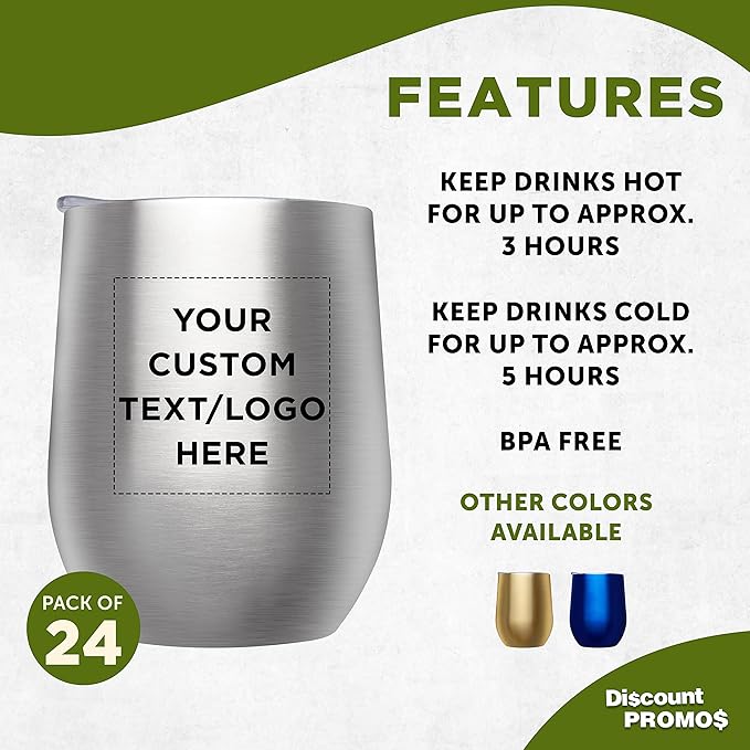 Custom Stemless Wine Glass Tumblers with Lids by Largo 11 oz. Set of 24, Personalized Bulk Pack - Perfect for Wine, Cocktails, Other Hot & Cold Beverages - Silver