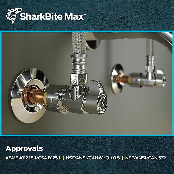SharkBite Max 1/2 x 3/8 Inch Compression Angle Stop Valve, Quarter Turn, Push to Connect Brass Plumbing Fitting, PEX Pipe, Copper, CPVC, PE-RT, HDPE, UR23036