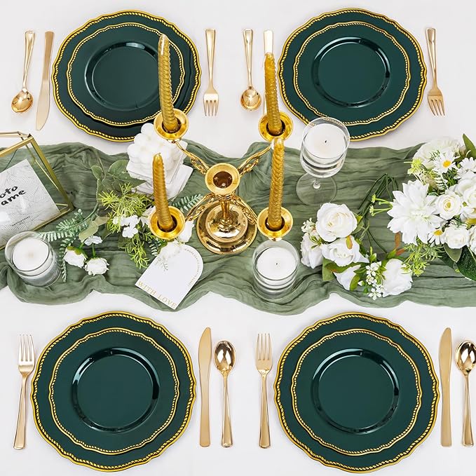 Hioasis 60pcs Green Plastic Plates - Green and Gold Disposable Dinnerware with Gold Rim, Heavy-duty, 7.5 inch, Dessert Plates for Party & St. Patrick's Day
