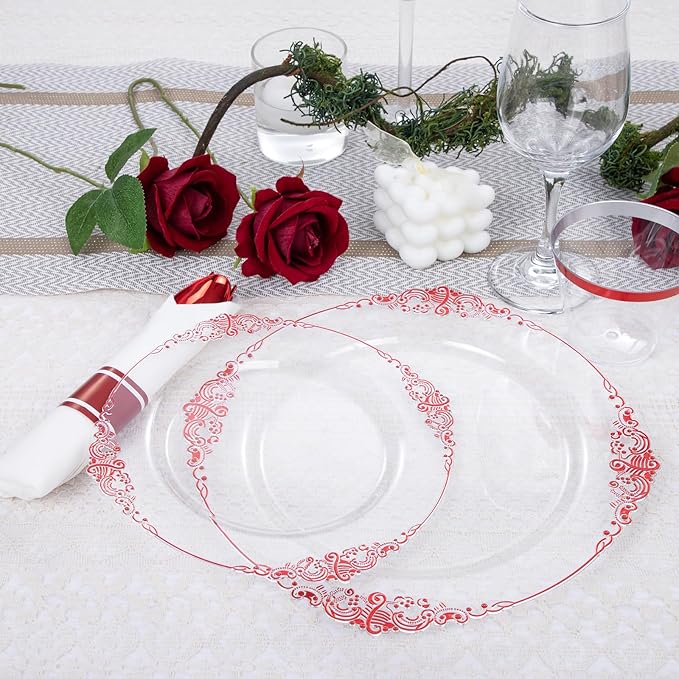 Hioasis 175pcs Clear and Red Plates - Red Party Plates for 25 Guest, Include 50 Heavy-duty Plates(20% Thicker Than Standard), 25 Pre Rolled Gold Plastic Silverware Set, 25 Cups