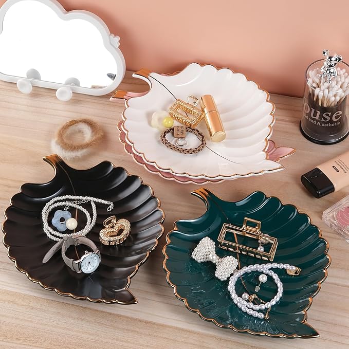 VanEnjoy Candy Dishes Decorative, Key Bowl for Entryway Table, Black Ceramic Bowl Decorative, Decorative Bowl for Keys, Leaf Jewelry Plate Tray