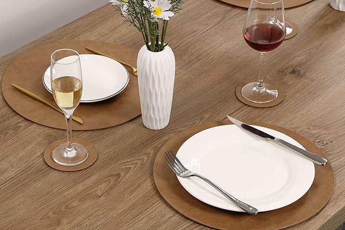 Jovono Embossed PU Leather Placemats, Waterproof Coffee Coasters, Kitchen Table Mats, Easy to Wipe Off for Dining Round Table