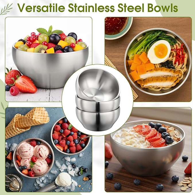 12 Pack Stainless Steel Bowls Bulk SUS304 Double Wall Insulated Bowls Matte Brushed Metal Soup Bowl for Rice Salad Noodle Snack Cereal Ice Cream Serving Mixing Prep(24 oz)