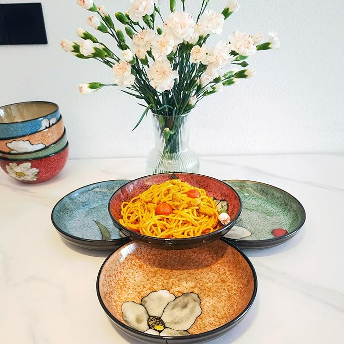 30oz Ceramic Pasta Bowls For Kitchen, 8.5 in - bowl/plate Set of 4 - For Pasta,Salad,Appetizer, Serving etc - Dishwasher, Microwave, and Oven Safe - For Breakfast, Lunch and Dinner