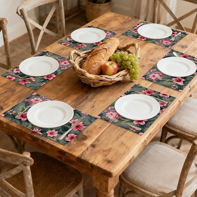 Pink Flamingo Placemats Set of 6, Tropical Palm Leaves Waterproof Linen Fabric, Non-Slip Backing & Easy Clean, Elegant Dining Table Placemats for Family and Guests