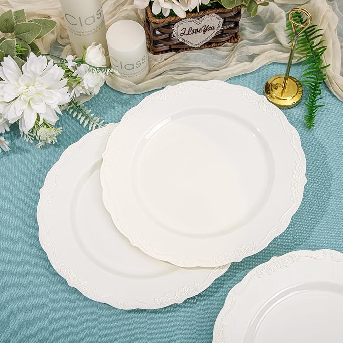 DaYammi 60PCS Ivory Plastic Plates, Fancy Plastic Plates Disposable Heavy Duty Disposable Plates Premium 10inch Ivory Dinner Platos Hard Plastic Platos Disposable for Party Wedding Bridal Shower
