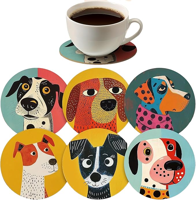 Wood Coasters Set of 6 - Handcrafted Drink Coaster Thick Heat-Resistant for Office, Bar, Farmhouse - Cute Dog Drink Cup Coasters for Table Protection