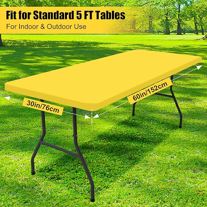 Smiry Rectangle Picnic Table Cloth, Waterproof Elastic Fitted Tablecloths for 5 Foot Tables, Washable Polyester Table Cover for Camping, Indoor and Outdoor (Yellow, 30"x60")