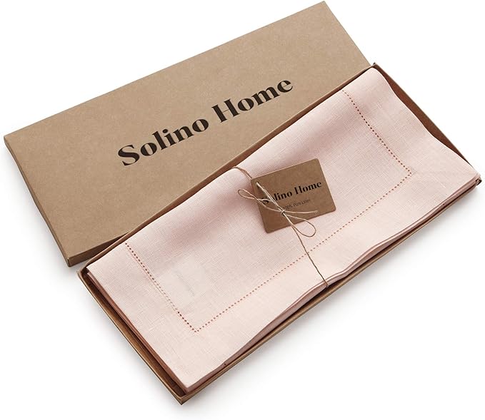 Solino Home Linen Pink Table Runner 36 Inches - Classic Hemstitch, 100% Pure Linen Coffee Table Runner 14 x 36 Inch Ideal for Dresser Tables - Valentines, Spring, Easter