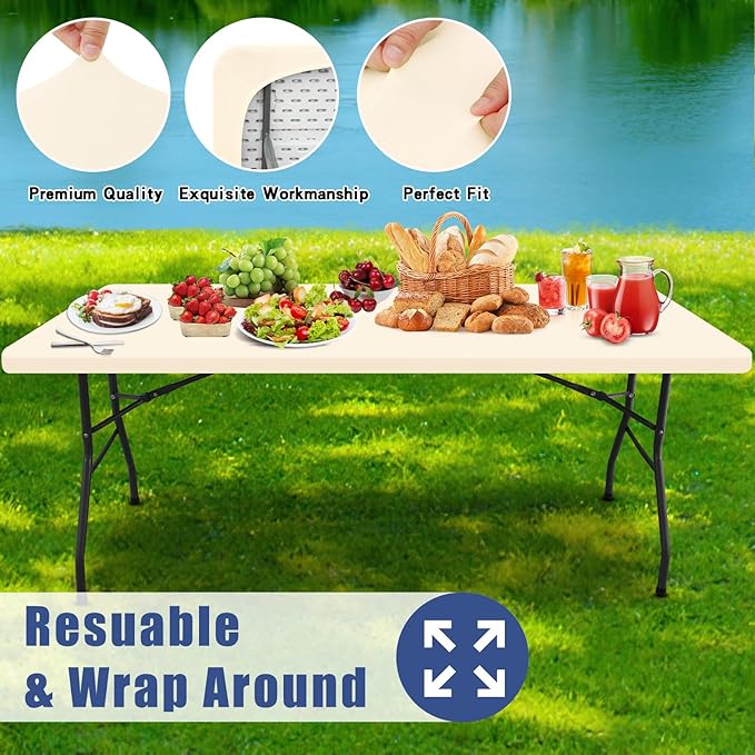 Spandex 4 Foot Rectangle Table Cloth 2 Pack, Elastic Fitted Tablecloths for Picnic, Stretch Washable Patio Table Cover for Outdoor, Camping, Banquet and Parties (Champagne, 24"x48")