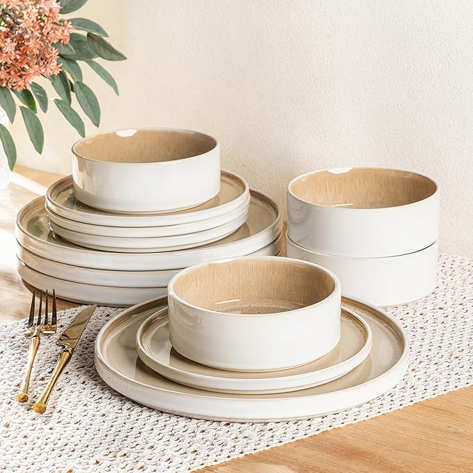 AmorArc Ceramic Dinnerware Sets, Handmade Reactive Glaze Stoneware Plates and Bowls Sets,Highly Chip and Crack Resistant | Dishwasher & Microwave Safe Dishes Set, Service for 4 (12pc)