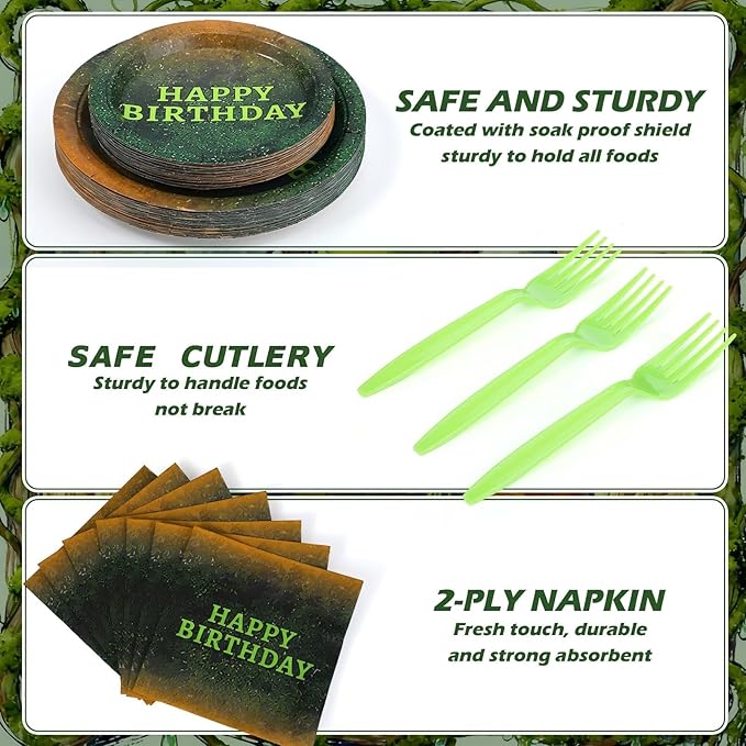 Yungyan 24 Sets Green Moss Pattern Disposable Paper Plates and Napkins Forks Plants Nature Green Ogre Themed Birthday Party Tableware Set Dinnerware for Women Men