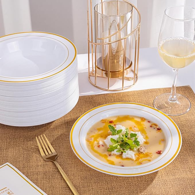 bUCLA 120 Pack Disposable Plastic Bowls Gold Trim 12oz - Elegant Party Bowls Disposable for Salad, Soup, Dessert, Ideal for Wedding & Thanksgiving