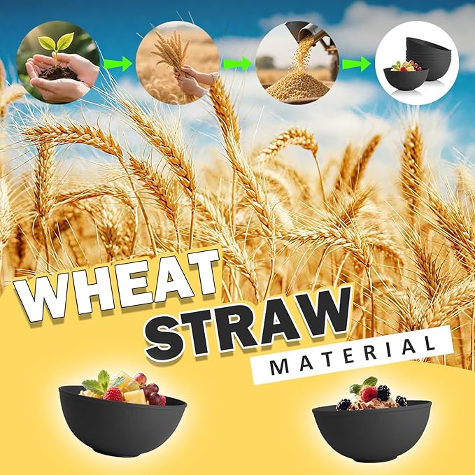 Unbreakable Cereal Bowls 40 OZ, Wheat Straw Bowls Set of 6, Anti Scald Extra Thick Soup Bowls, Reusable Plastic Bowl for Kitchen, Outdoor, Camping, RV, Black