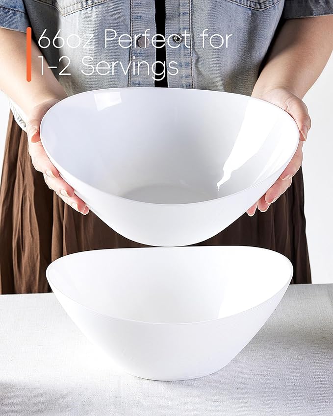 66 OZ Salad Bowl Set of 2, Opal Glass 10 inch Lightweight Serving Dishes for Salad, Fruit, Kitchen Microwave & Dishwasher Safe, Oval Shape White