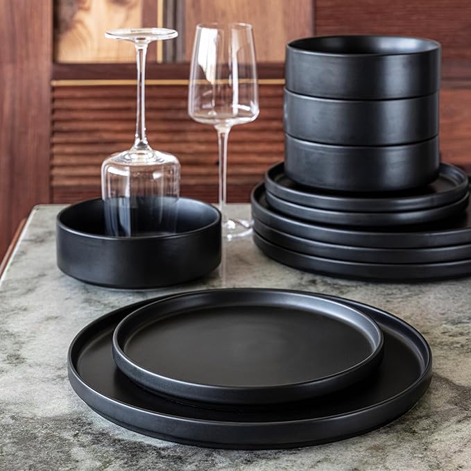 over&back Stackable Cereal Bowl Set - Stoneware Dishes - Comes with 4 Cereal Bowls - Easy-to-Stack Breakfast Place Settings - 6.2" x 6.2" x 2.2" - 25oz - Semi-Matte Black