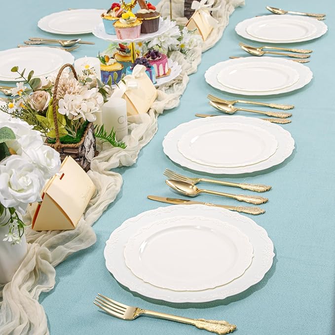 DaYammi 60PCS Ivory Plastic Plates, Fancy Plastic Plates Disposable Heavy Duty Disposable Plates Premium 10inch Ivory Dinner Platos Hard Plastic Platos Disposable for Party Wedding Bridal Shower