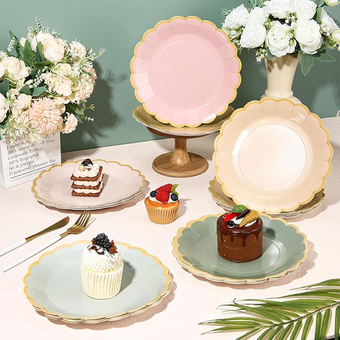 48 Pcs Sage and Pink Paper Plates 9 Inch Gradient Scalloped Paper Disposable Dinner Dessert Plates for Birthday Wedding Bridal Party Supplies, 6 Colors