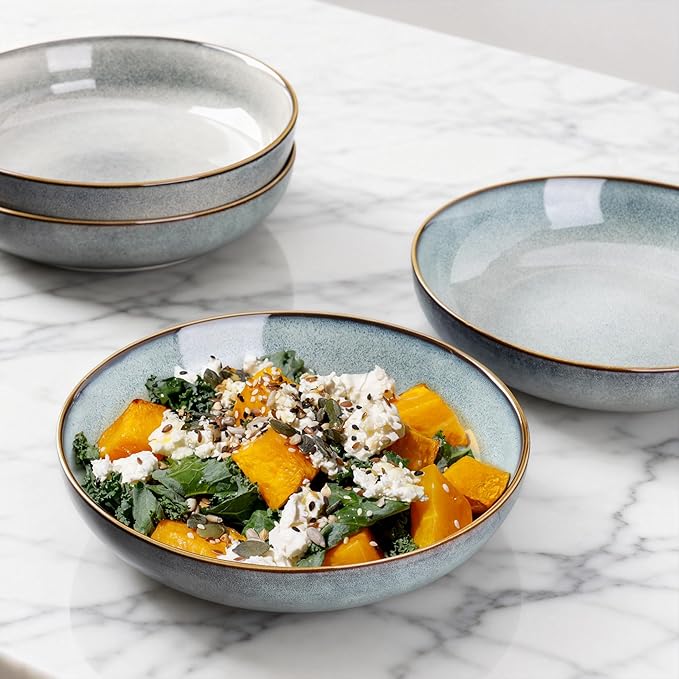 AmorArc 8.5'' Large Ceramic Pasta Bowls, 36oz Stoneware Pasta Serving Bowls Set of 4 for Kitchen, Wide Bowls for Pasta,Salad,Oatmeal, Microwave Safe, Reactive Glaze-Ocean