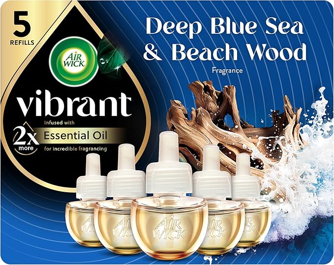 Air Wick Vibrant Plug In Scented Oil Refill, Infused with Essential Oils, Plug In Air Fresheners for Home, Deep Blue Sea & Beach Wood, 5 ct