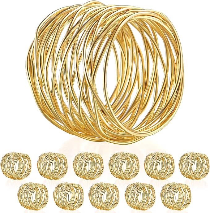 Twisted Wire Mesh Napkin Rings Holders Décor Dinner Party Wedding Christmas Gathering (Gold 12pcs)