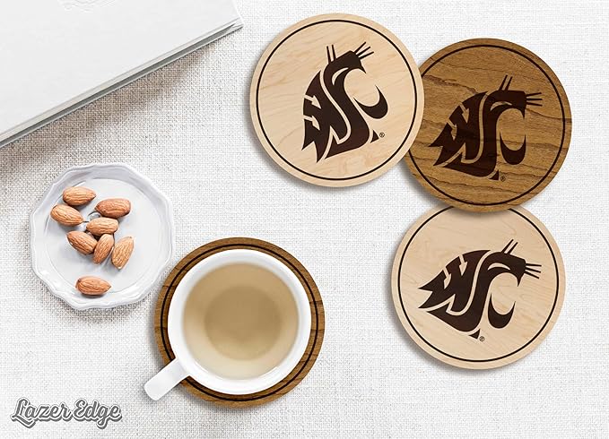 LazerEdge Washington State Cougars Wooden Coaster Set - Cherry Wood - Officially Licensed Product - 4-Pack