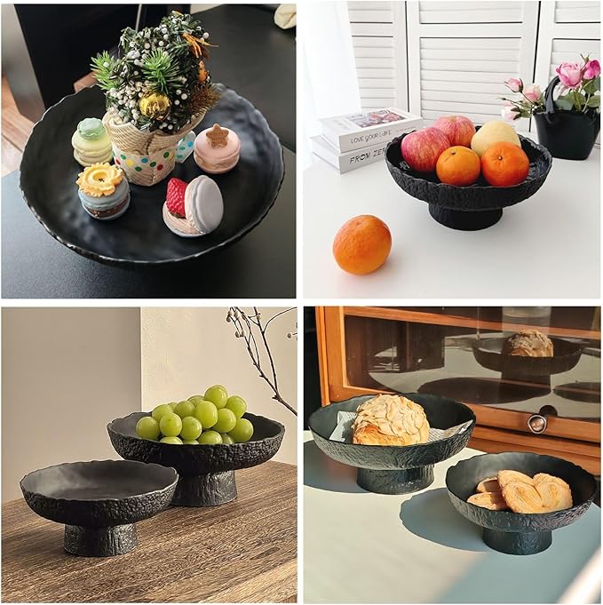 Glass Fruit Bowl for Kitchen Counter, Black Pedestal Bowl, Large Footed Serving Bowl, Decorative Bowls for Centerpiece Home Decor, Modern Fruit Holder (Large 10.4 Inch)