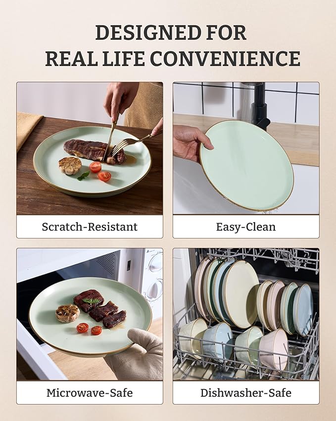 Famiware Saturn Dinnerware Sets, Plates and Bowls Sets for 4, 12 Pieces Stoneware Dish Set - Chip and Scratch Resistant, Microwave and Dishwasher Safe Tableware Set, Light Green with Rim