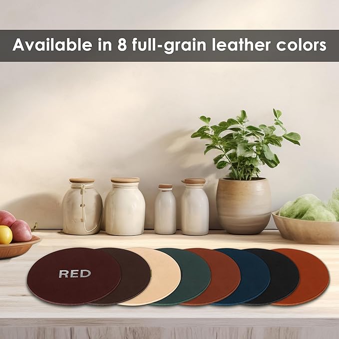 Northwind Personalized Leather Coasters – Set of 4 Full-Grain Leather 4” Circle Drink Coasters with Custom Engraved Monogram Initials – Stylish Home Décor for Weddings and Holidays