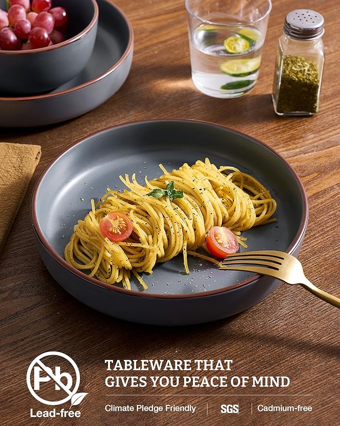 famiware Mercury Pasta Bowls Set of 4, 33 oz Large Salad Bowls, Ceramic Pasta Plates Bowls, Serving Bowls for Kitchen, Microwave & Dishwasher Safe, Charcoal