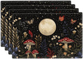 Mushroom Botanical Placemats Set of 4, Mushroom Plants Leaves Butterfly Place Mats, Moon Waterproof Washable Table Mats for Home Party Indoor Kitchen Dining Table Decoration 12x18 Inch