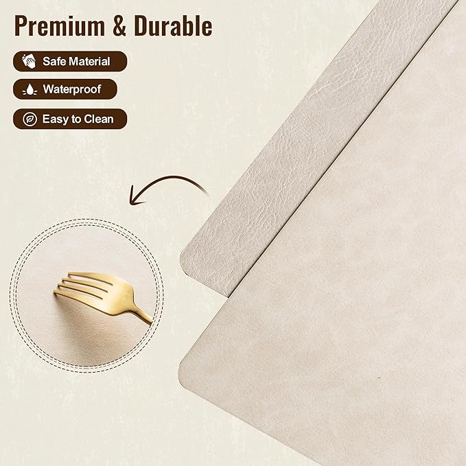 DOLOPL Placemats Set of 12 Reversible Dual-Color Table Placemats –Heat Resistant Wipeable & Washable Place Mats, Luxury Faux Leather Table Mats for Vintage Dining Table Decor (Beige&Light Grey)