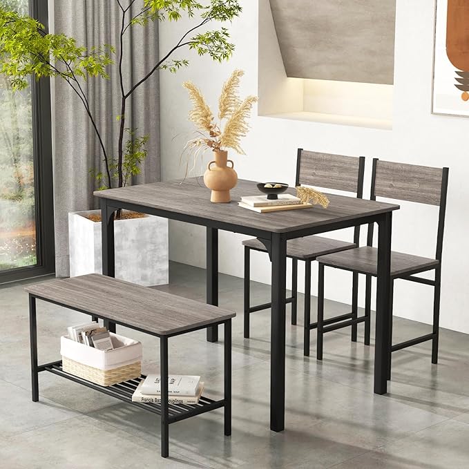 NAFORT Kitchen Table Set for 4, Industrial Dining Table with 2 Chairs & Storage Bench, Rustic Wood & Metal 4-Piece Dining Set for Small Space, Apartment, Kitchen & Dining Room