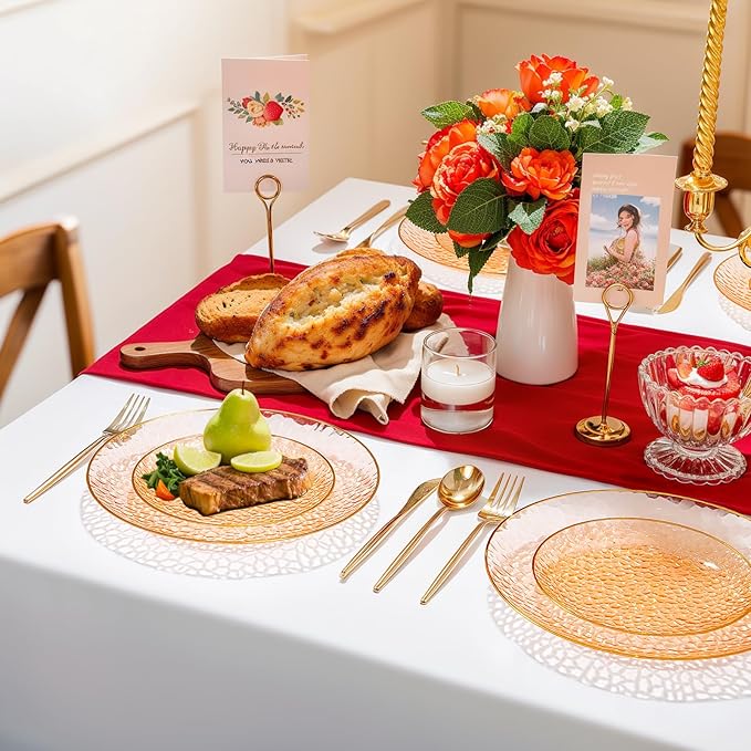Rubtlamp 60Pcs Orange Plastic Plates, Orange Disposable Plates With Gold Rim, Hammered Plastic Plates Include 30 Dessert Platos, 30 Dinner Platos for Party